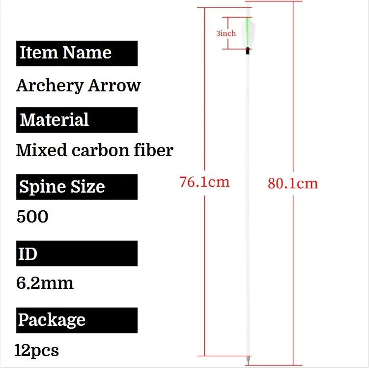 12pcs 31.5" Mixed Carbon Arrow SP500 3inch Turkey Feather Archery Recurve Compound Bow Hunting Shooting Target Carbon Arrows