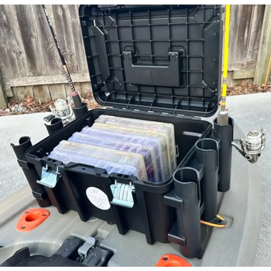 Kayak Fishing Crate - 6 Integrated Rod Pole Holders, Tackle Box Accessory Storage Area and Tray with Lockable Lid - No Assembly