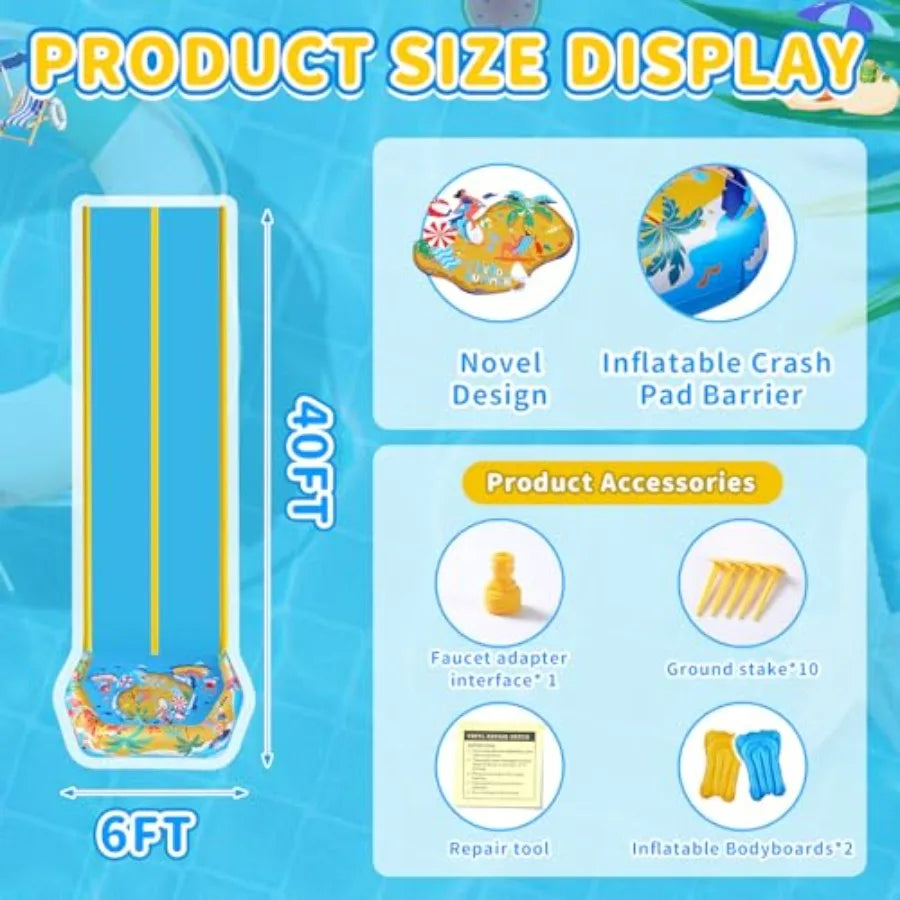 40FT Double Slip and Water Slides with 2 Bodyboards Giant Lawn Inflatable Water Slides for Adults Heavy Duty Backyard Extra Lon