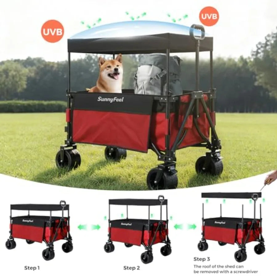 3 in 1 Wagon with Canopy 220lbs230L Wagon Cart Foldable with 7'' All-Terrain PVC Wheel and Rear Hanging Shelf