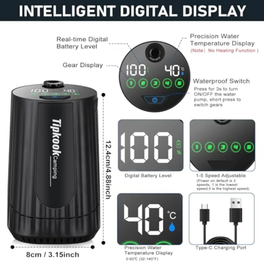 Portable Shower for Camping Essentials: 10000mAh Rechargeable Battery Powered Shower, IPX8 Waterproof Camp Shower Pump, 5-Speed