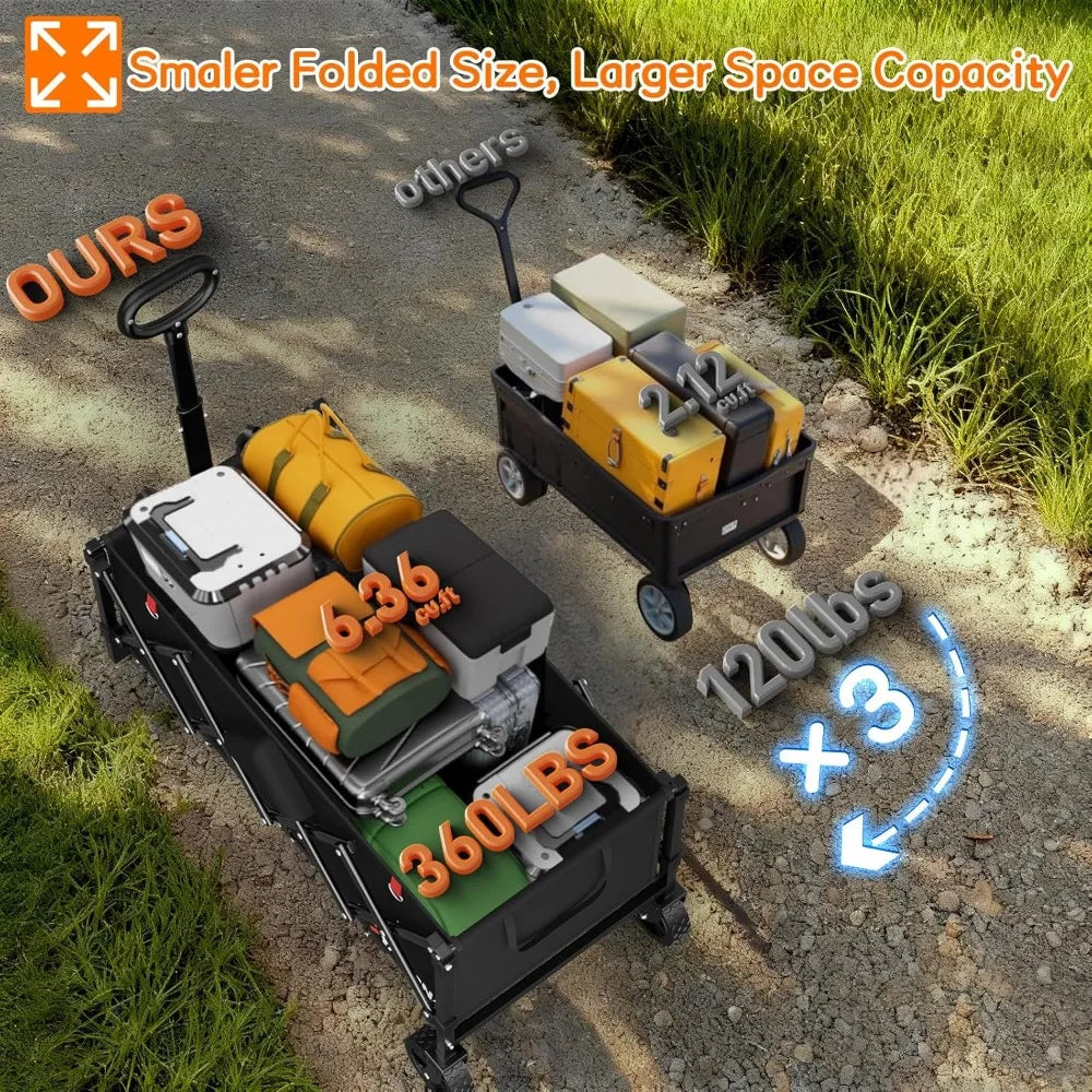 35" L Extra Long Foldable Wagon, 360LBS Heavy Duty Collapsible Utility Cart with Wheels for Groceries, Camping, Sports