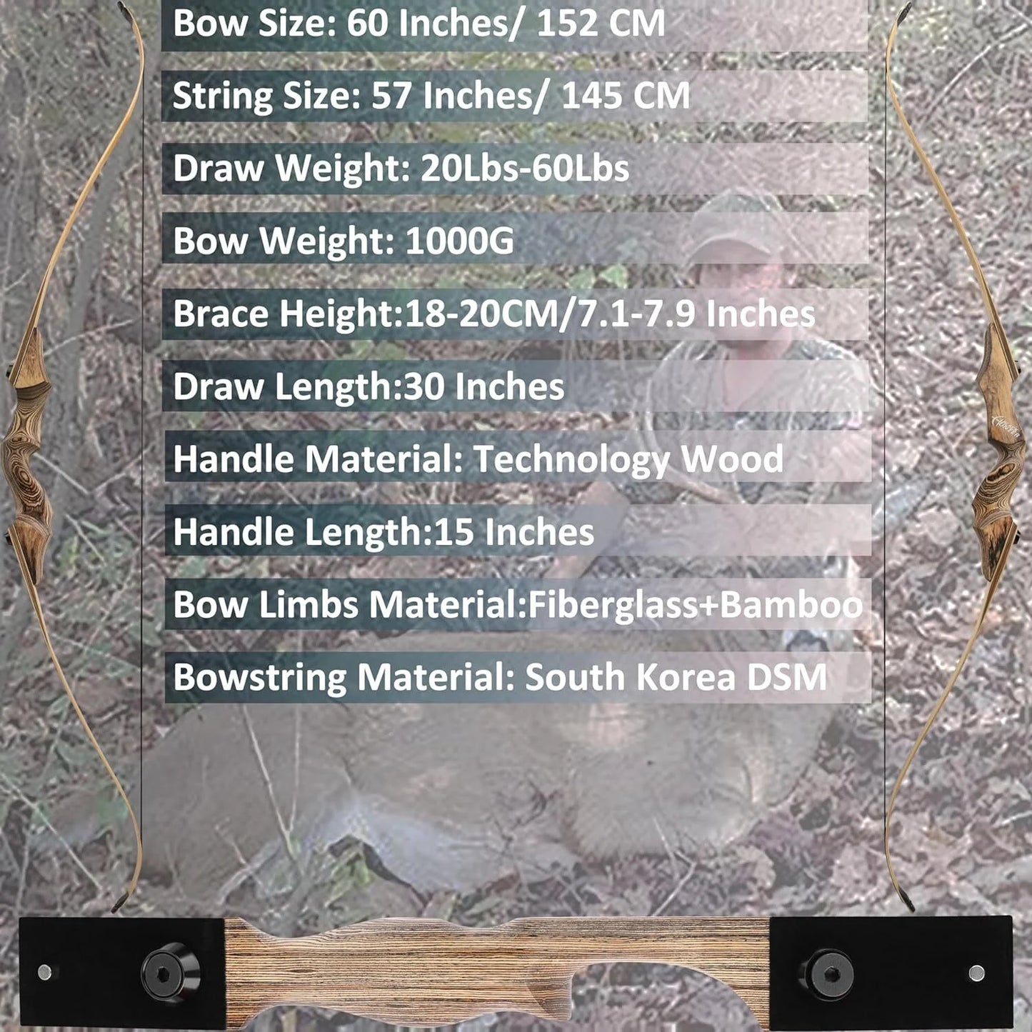 60 Inch Takedown Recurve Bow Arrow Kit 20-60Lbs Adjustable Draw Weight Wooden Riser Bamboo Core Laminated Limbs Right Hand Portable Archery Set for Adult Target Shooting and Light Outdoor Hunting Training Gear