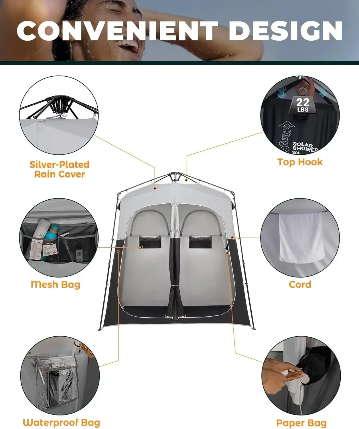 Instant Shower Tent, Portable Superior Stable Privacy Shelter, 2 Large Rooms Outdoor Toilet Tent with Floor for Beach, Camping &