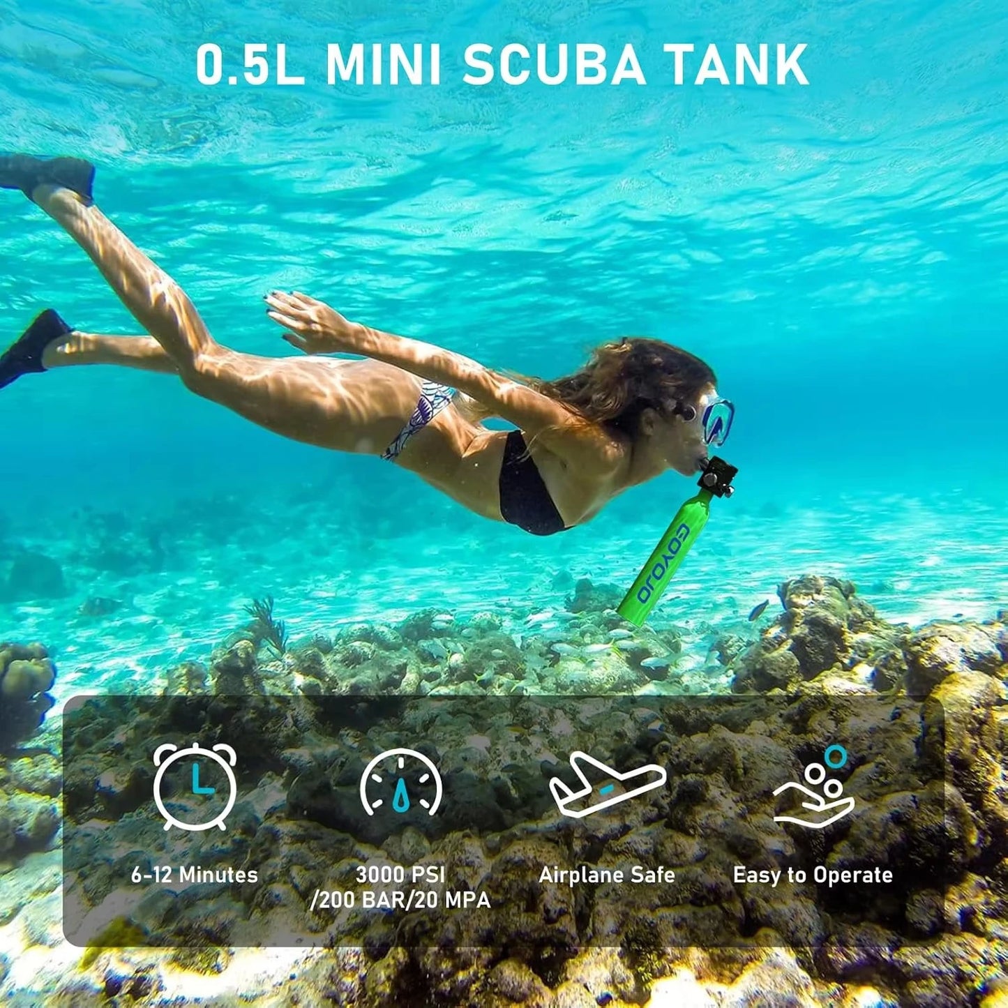 GOYOJO Mini Scuba Tank 0.5L Portable Reusable Diving Tank With  flashlight Emergency Diving Cylinder for Snorkeling, Freediving, Boat Cleaning & Air Backup Lightweight & Compact Design Pony Bottle