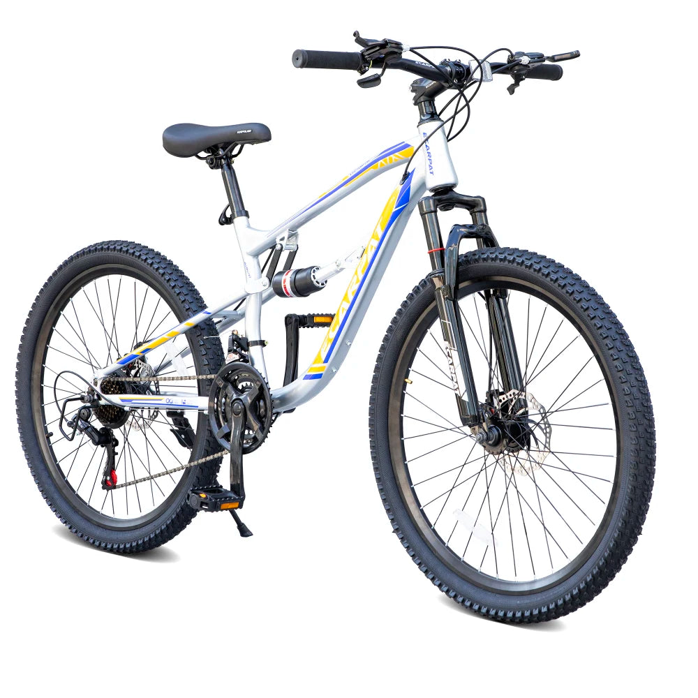 26 Inch Mountain Bike with 21-Speeds & Full Suspension Steel Frame, Alloy Rims, Disc Brakes For All Terrains, Men & Women, Multiple Colors