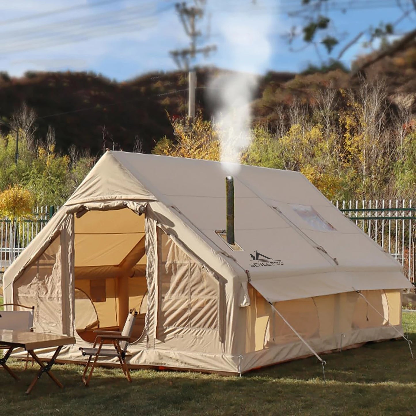 Portable Inflatable Camping Tent 2/4/6/8 Person for Family 420D Oxford Inflatable Tent House with Skylight 4 Seson Blow up Tent with Stove Jack AC Vent Mesh Window