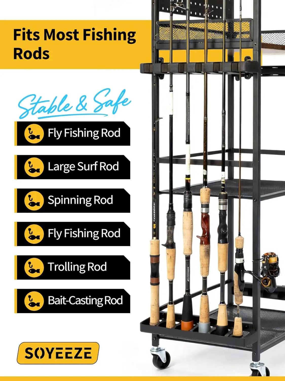 Rolling Fishing Rod Rack with Pegboard & Hooks, Holds Up to 12 Poles, Garage Storage Cart with Wheels for Tackle & Reel Organization
