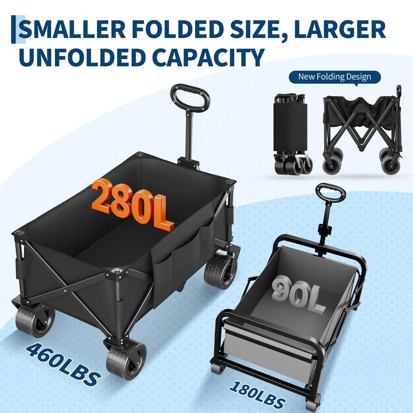 Heavy Duty Foldable Wagon Cart 460lbs 280L With Wide All-Terrain Wheels, Brakes, Cover & Strap For Shopping Camping