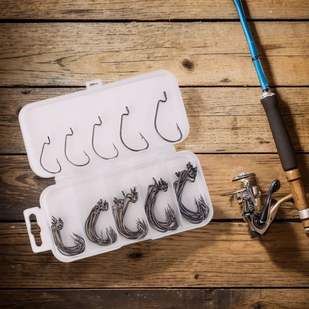 50 Pcs/Box Wide  Offset Fishhook High Carbon Steel Wide Worm Hook Bass Barbed Carp Fishing Hook for Soft Worm Jig Mold Hooks