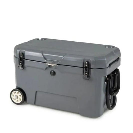 Portable Hard Cooler for Camping, Fishing, Beach: Rotomolded Polyethylene, Gray, 6-Day Ice Retention, Rolling Design with Teles