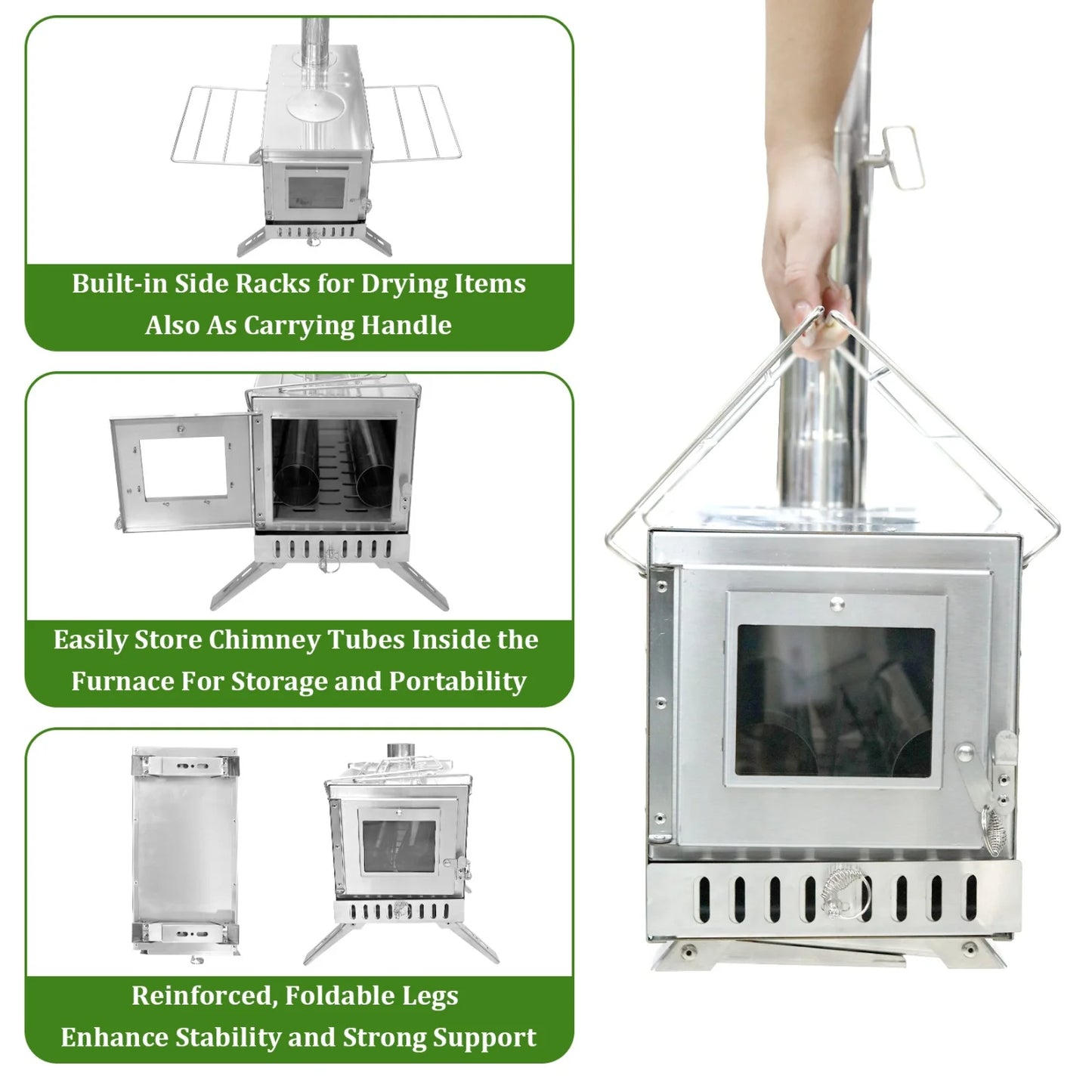 2 in 1 Portable Stainless Steel Hot Tent Stove Wood Burning Stove with 7 Chimney Pipes  for Outdoor Heating & Cooking Sauna Heater
