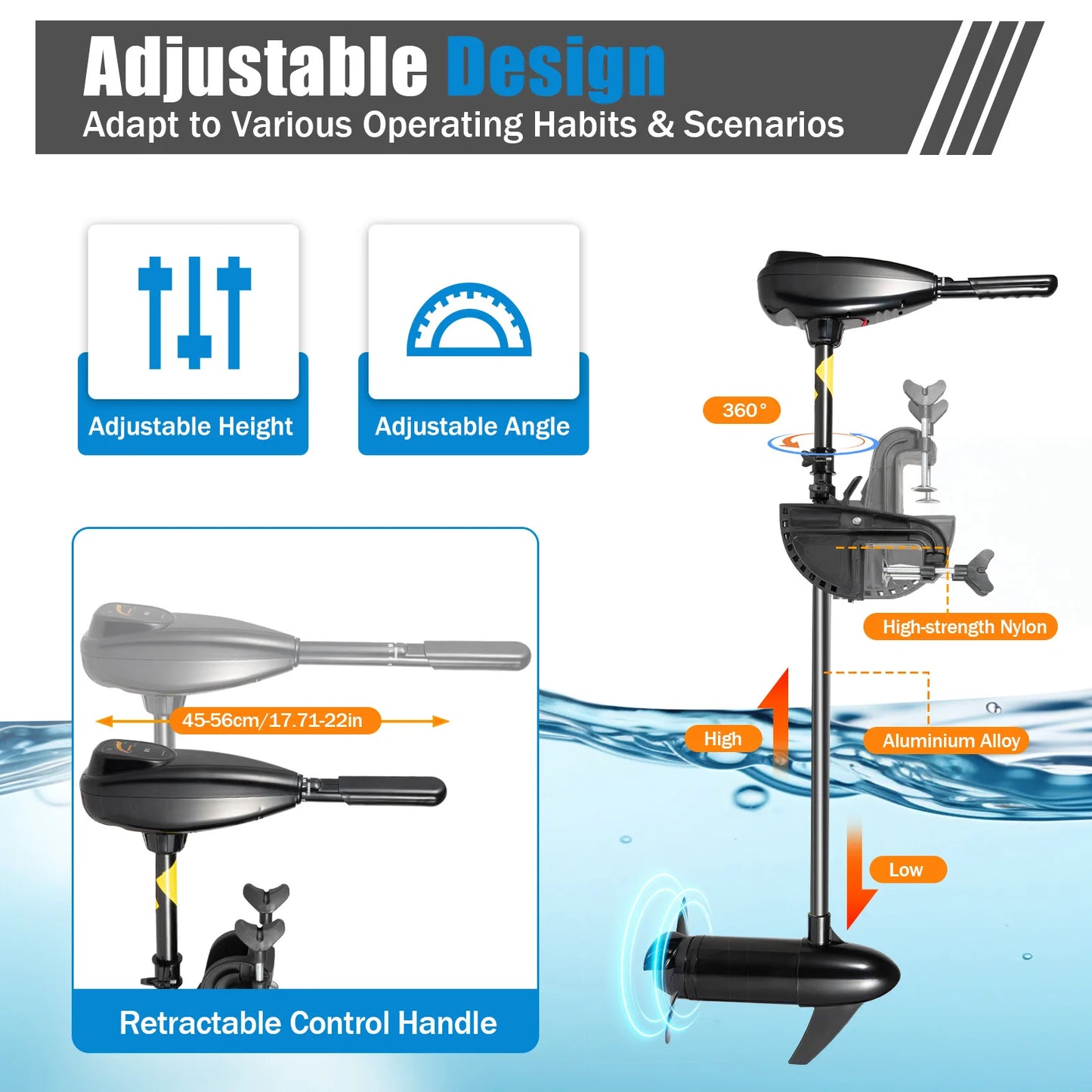 Black Modern Electric Outboard Engine 5 Forward 3 Reverse Gears 3 Blade Propeller Aluminum Alloy Electric Outboard Engine