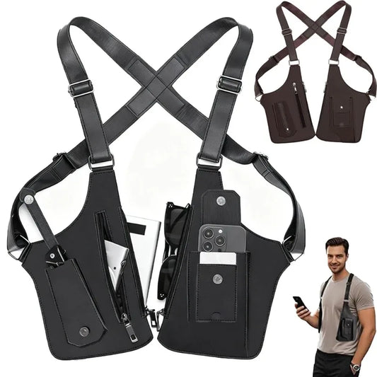 Adjustable Strap Holster Vest Bag PU Leather Double Shoulder Armpit Bag Hidden Anti-Theft Phone Pocket Chest Bag