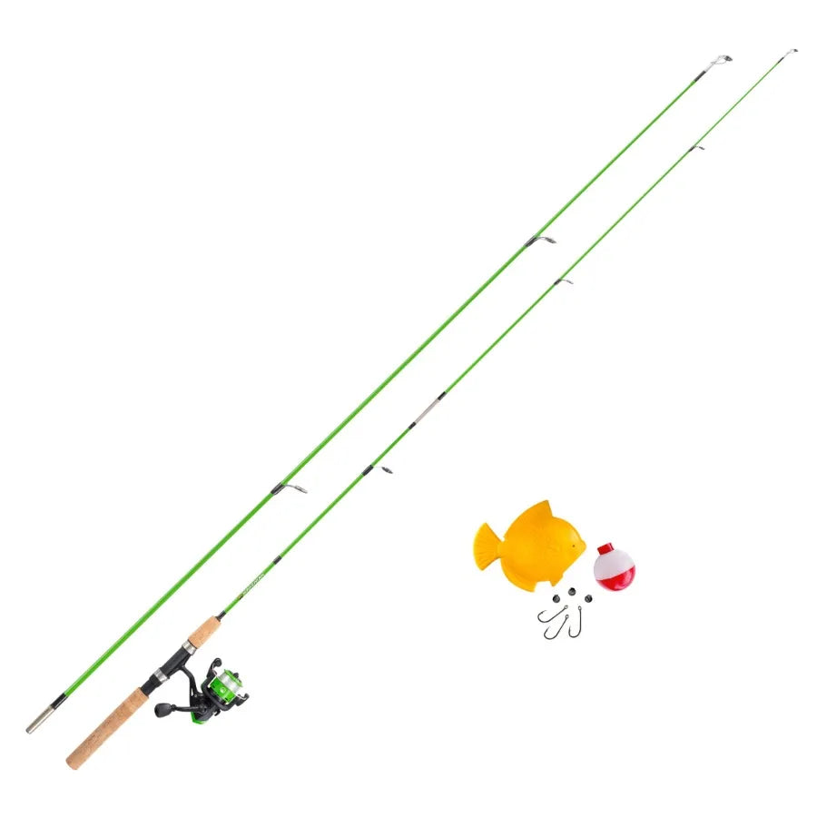 Fishing rod and reel combo for freshwater angling, graphite construction, green color, lightweight and sensitive design