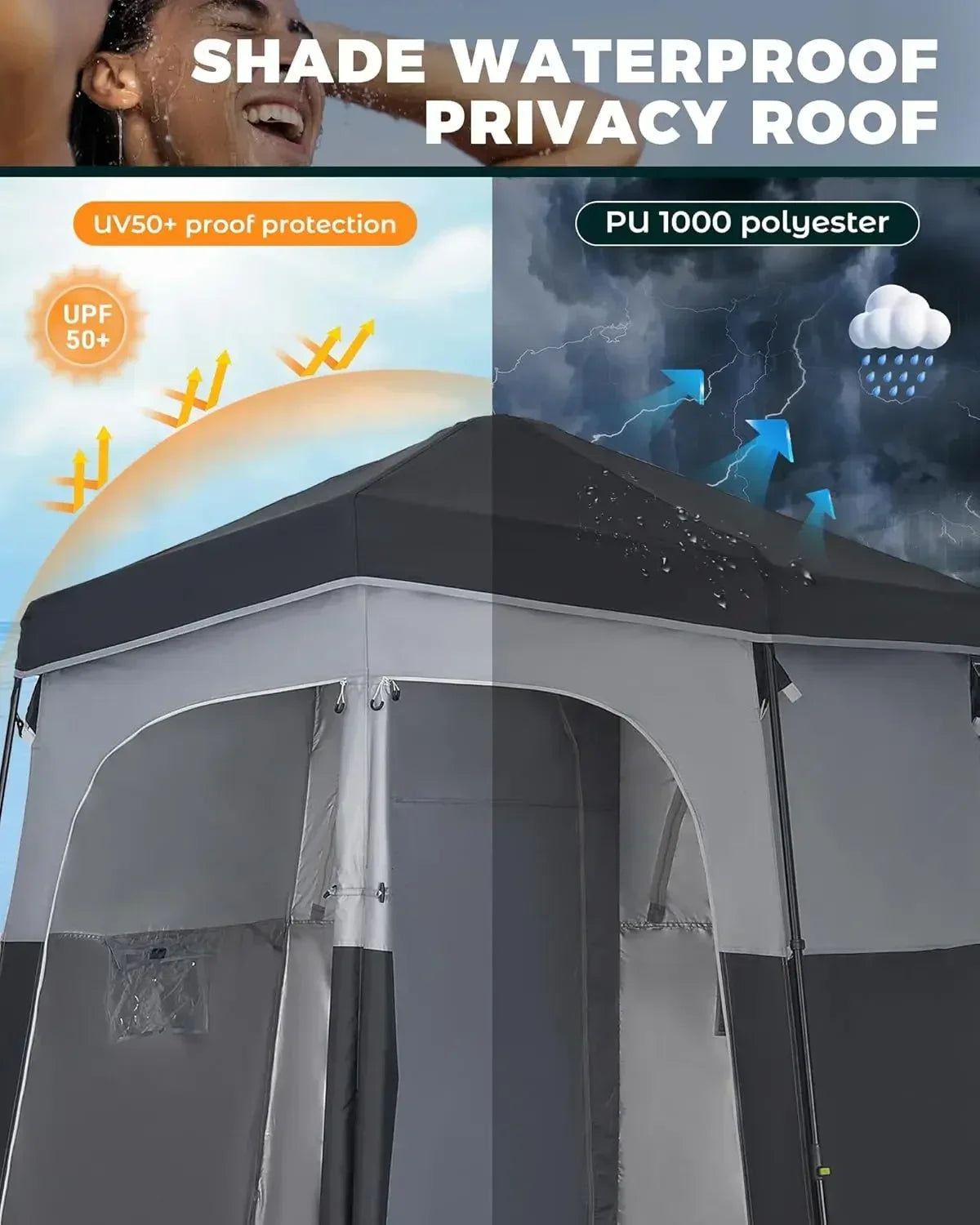 Instant Shower Tent, Portable Superior Stable Privacy Shelter, 2 Large Rooms Outdoor Toilet Tent with Floor for Beach, Camping &