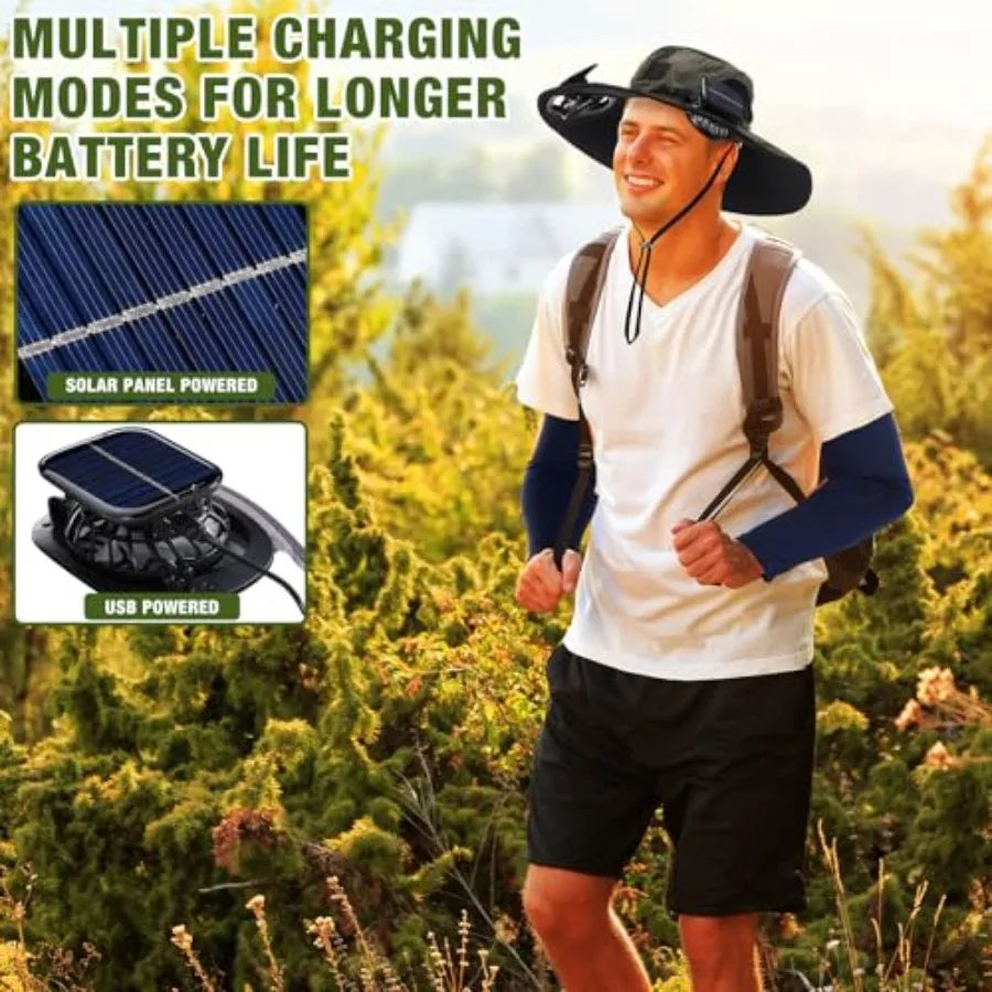 Outdoor fishing hat with wide brim, polyester fabric, black color, solar-powered USB fans and included arm sleeves neck gaiter
