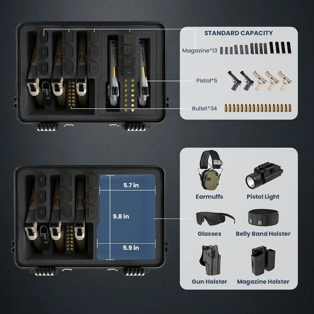 Heavy Duty 5 Pistol & 13 Magazine Case, Shockproof Waterproof Hard Gun Case for Air Travel, Pre-Cut Foam, Firearm Travel Case, Impact-Resistant Plastic