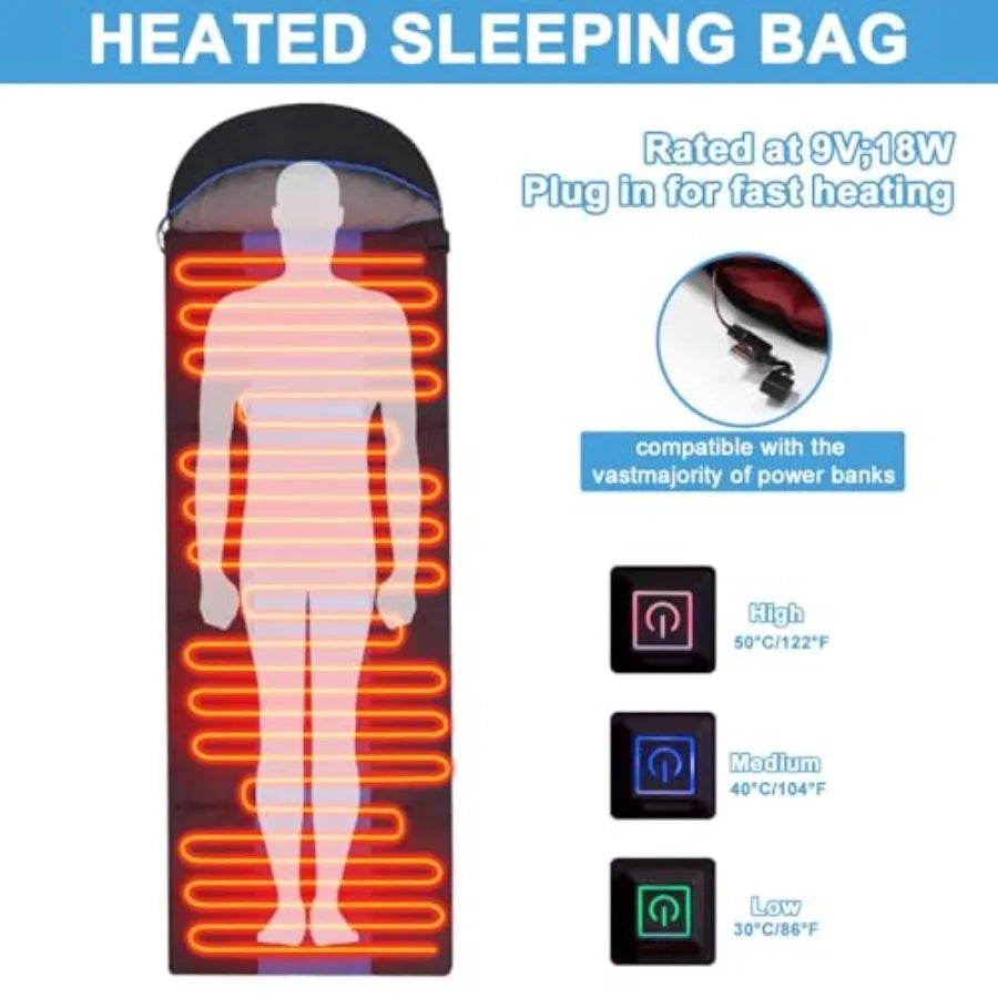 Heated - Portable USB Power Warm Sleeping Bag for Camping with 4 Heating Zones Cold Weather Sleeping Bag for All Season Camping