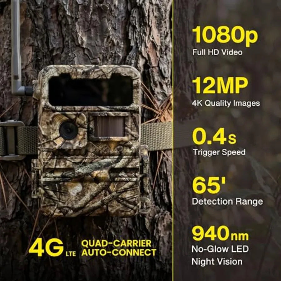 Hunting deer game camera for outdoor use, ABS plastic body, black color, solar panel dual battery packs for extended field oper