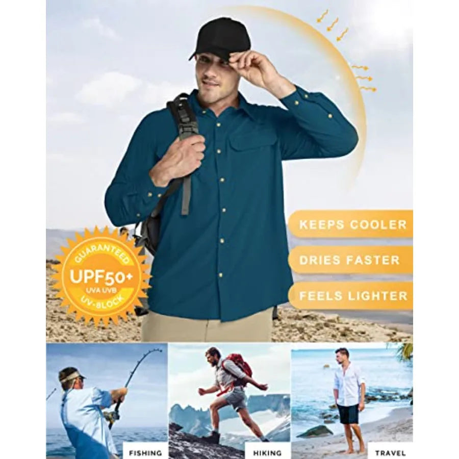 33000Feet Men's Long Sleeve Sun Protection Shirt UPF 50+ UV Quick Dry Cooling Fishing Shirts for Travel Safari Camping Hiking