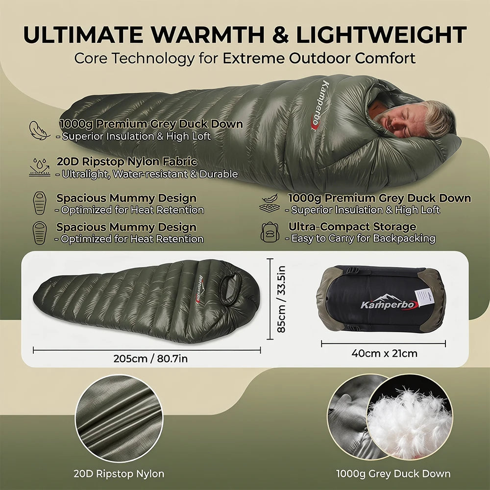 Kamperbox AM1000 Sleeping Bag 1000g Grey Down Filling 20D Nylon Shell Polyester Pongee Lining Portable Warm Camping Sleeping Bag for Outdoor Travel