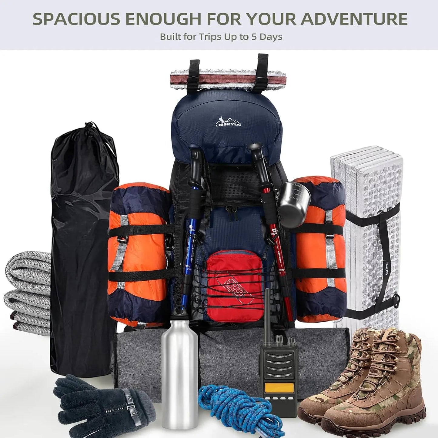 90L Hiking Backpack with Rain Cover, Waterproof Camping Backpack for Men Women, Blue