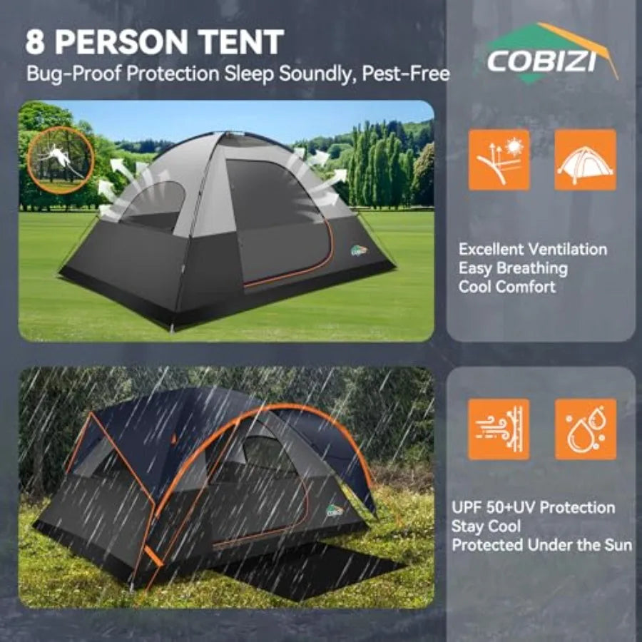 Camping tent for family use, polyester fabric, green, spacious interior with 3500mm waterproof double-layer windproof design