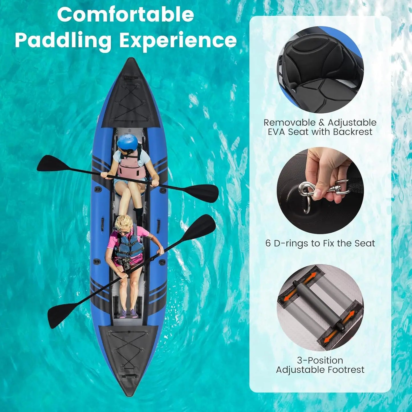 12.5-Foot Inflatable Tandem Kayak for Adults, 507lbs Capacity with 2 Aluminum Paddles, Padded Seats, Footrests, 2 Fins, Hand Pump, Carry Bag & Repair Kit - 2-Person Fishing & Touring Kayak