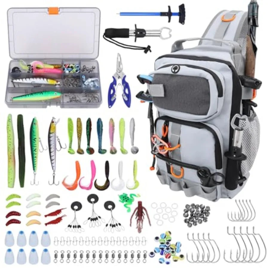 Fishing Backpack with Tackle Boxes, Waterproof Fishing Shoulder Bag with Rod Holder, Fish Bag with 136 Pcs Fishing Lures Kit, F
