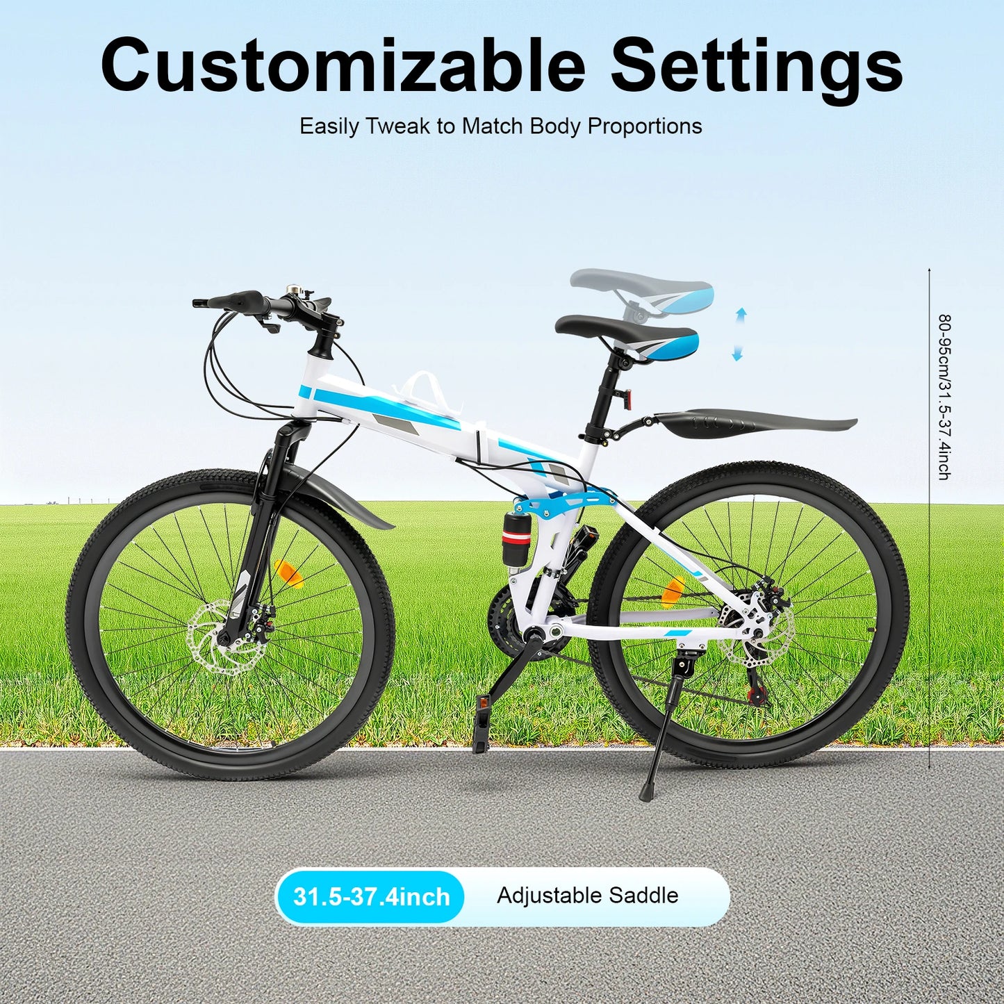26 Inch Mountain Bike 21-Speed Foldable Carbon Steel Bike with Dual Disc Brake System for Adults Daily Commuting Fitness, Seat Height Adjustable/Anti-slip Pedals/Shock-Absorbing System