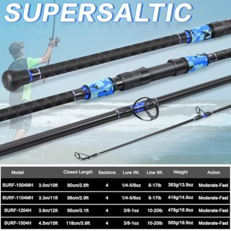 Surf fishing rod for travel use, carbon fiber material, black color, 4-piece portable design with MH/H power and 10'/11'/12'/15
