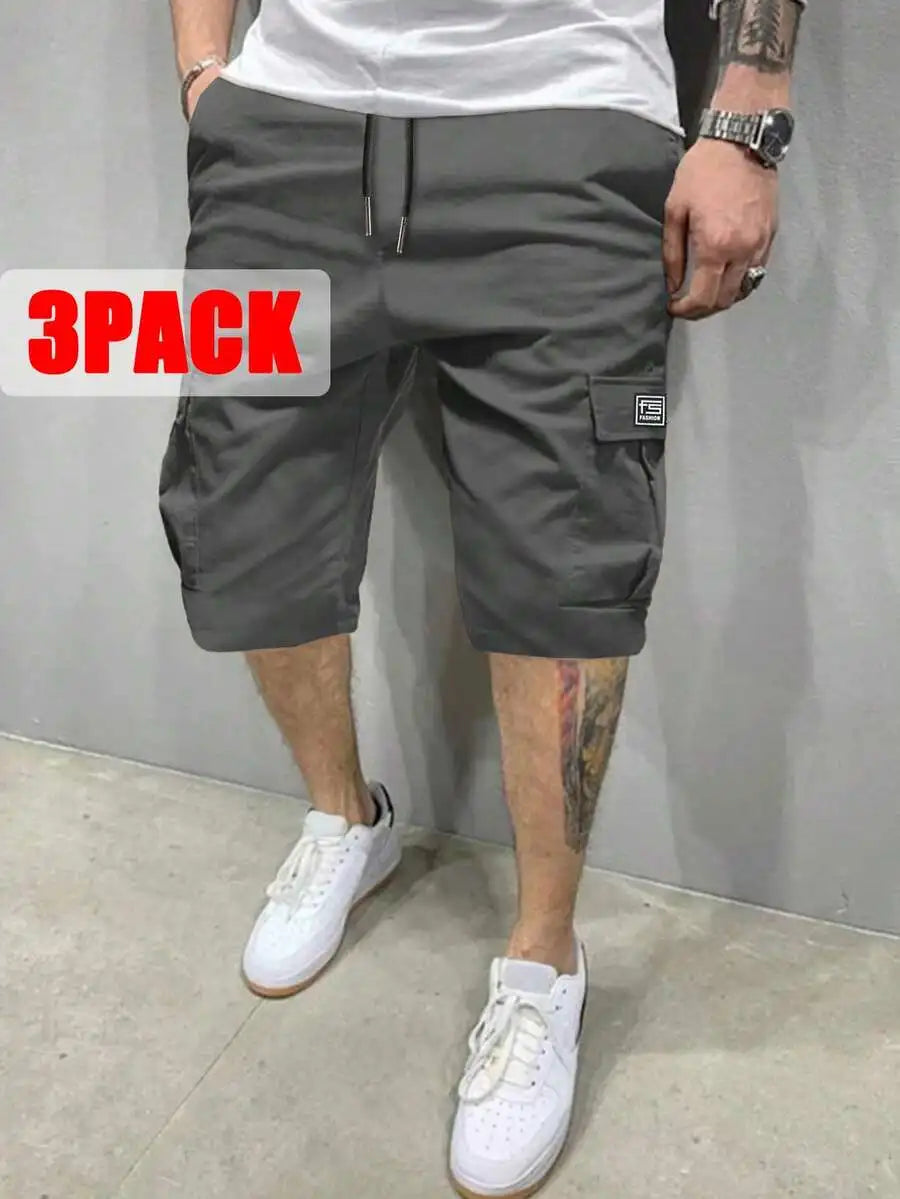 Mens 3-Pack Polyester Cargo Shorts With Drawstring Waist And Multiple Pockets For Outdoor Casual Summer Wear