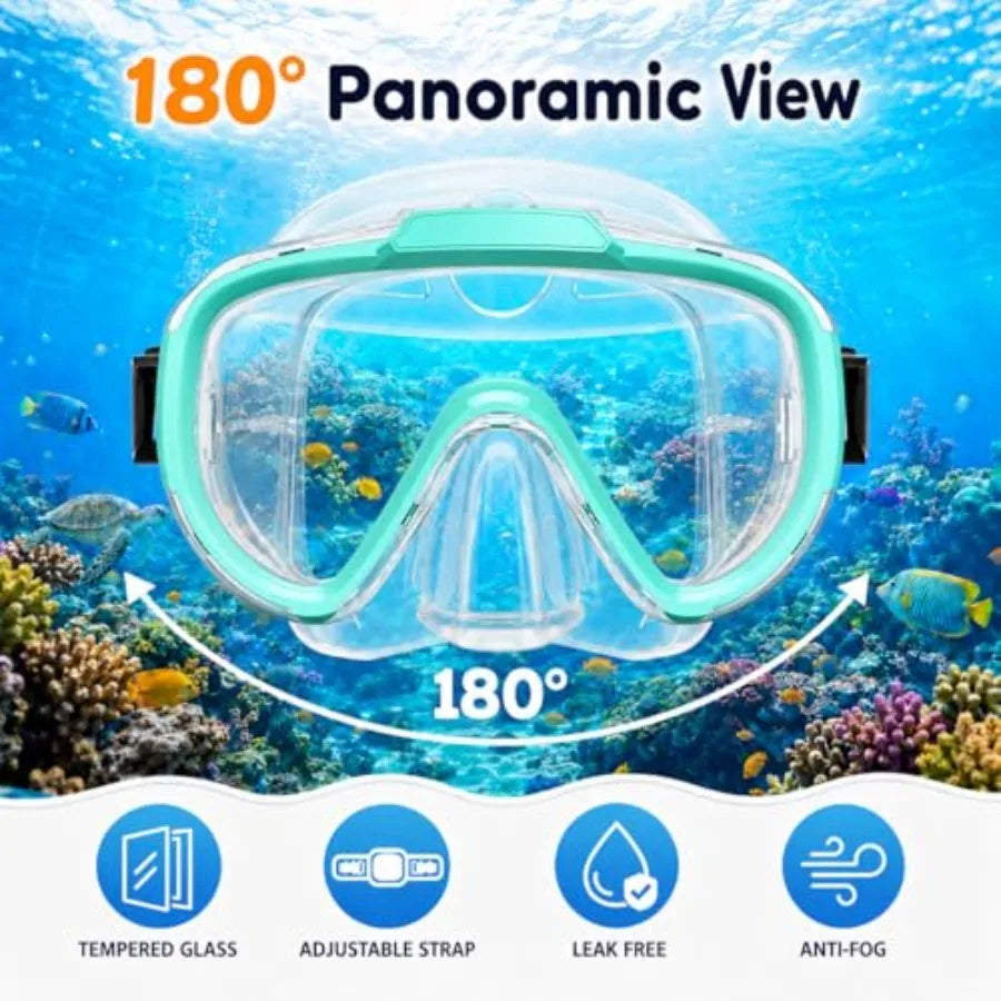 Snorkel Set, Anti-Fog Panoramic Tempered Glass Snorkel mask, Anti-Leak Scuba Diving Mask with Mesh Bag, Dry Top Snorkeling Gear