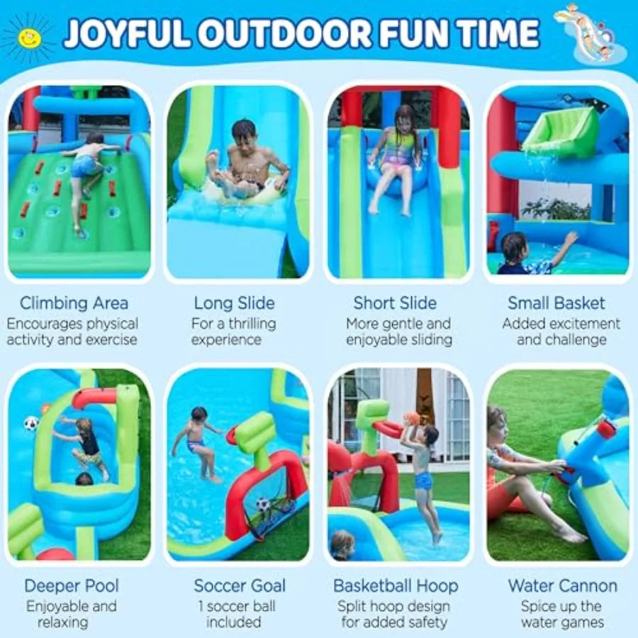 Inflatable Water Slide for backyard use, PVC material, blue and yellow color, 9-in-1 extra long combo with climbing wall, dual