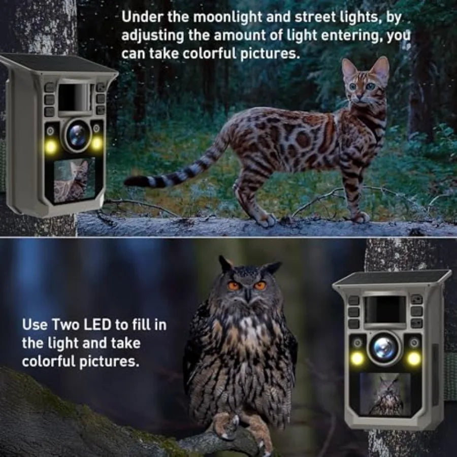 Trail Camera for outdoor hunting: 6K 64MP full-color solar WiFi camera with night vision, IP67 waterproof housing, built-in 750
