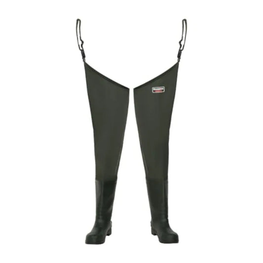 Shallow wading, bank fishing, outdoor water work: Granite PVC thigh waders heavy-duty reinforced PVC laminate, black, cleated s