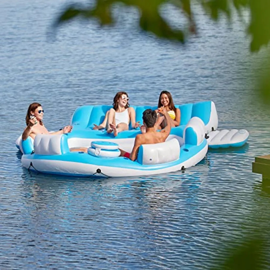 Inflatable Lake and Pool Relaxation Island Lounger Seat 145 x 125 x 20 Inch for up to 7 Adults Blue and White Splash N Chill 56