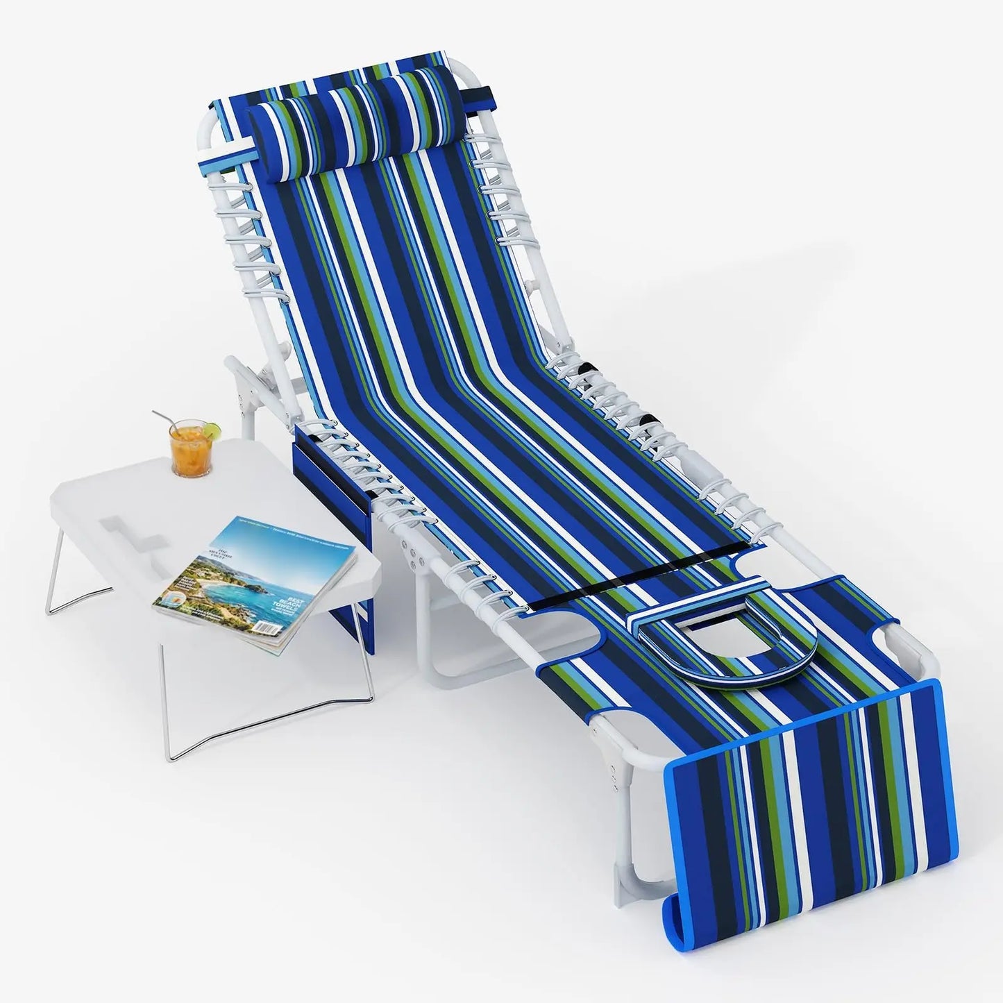 Tanning Chair With Face Hole 3-in-1 Beach Lounge Chair, 5-Position Reclining Outdoor Chaise With Table For Pool Patio Garden Deck