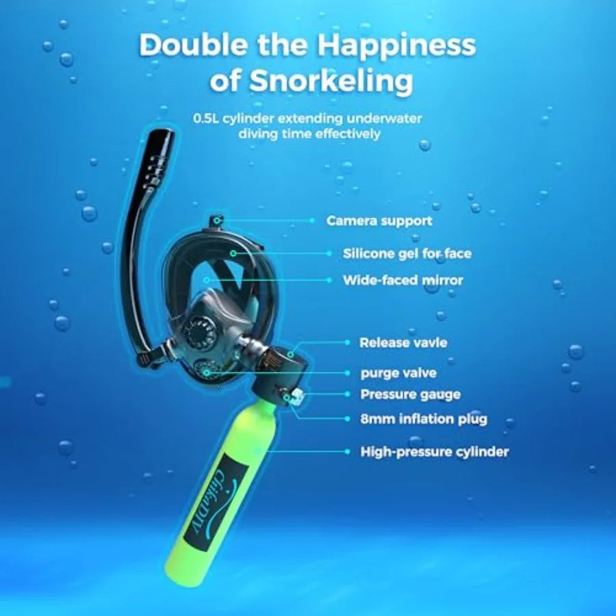 Snorkeling mini scuba tank with sub-mask 0.5L aluminum diving cylinder black DOT-certified pony bottle with full-face mask inte