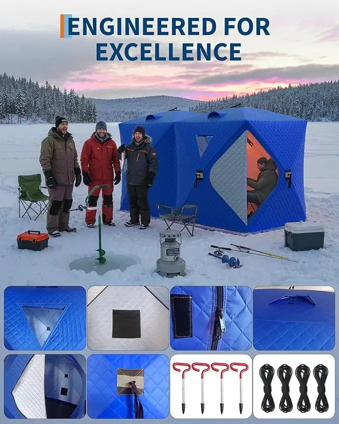 Insulated Pop-Up Ice Fishing Tent, 6-8 Person Portable Hub-Style Tent, Windproof Thermal Shanty, 420D Fabric for Winter Fishing