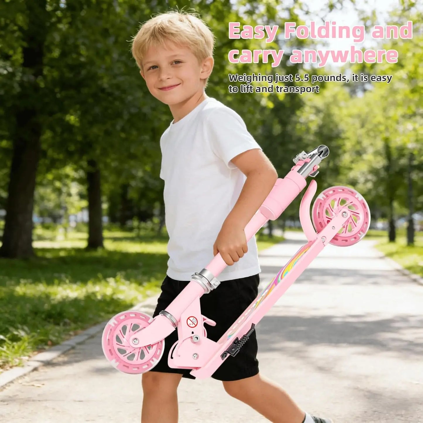 Lightweight Foldable Kick Scooter for Boys Girls Ages 3-8, Two Wheel Scooter Equipped with 3-Level Adjustable Handlebar, Rear Brake & Light-Up ABEC-10 Wheels, Suitable for Kids and Teens Outdoor Sports