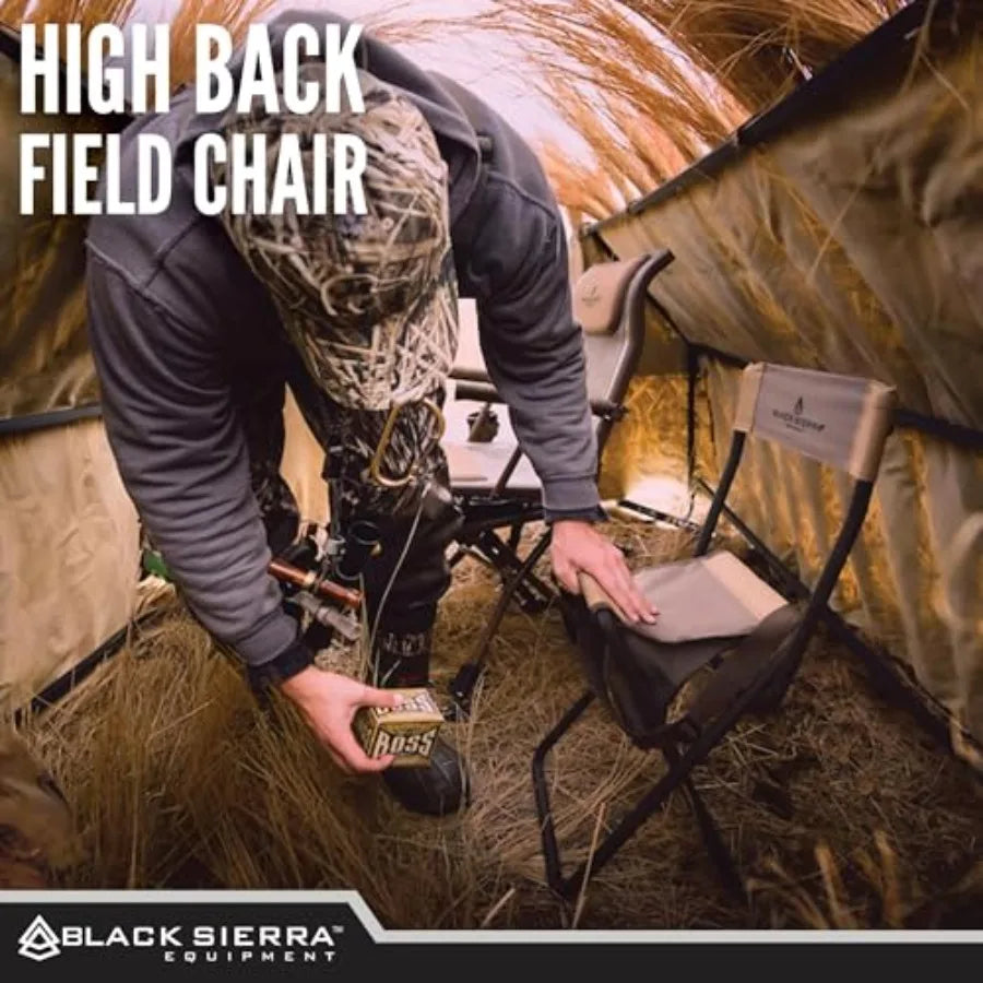Black Sierra Folding Hunting Stool w/Under Seat Storage Pouch and Carry Strap, Lightweight Portable Hunt Chair w/Backrest, Heav