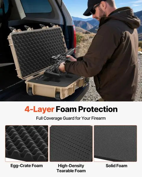 Lockable Rifle Case with Wheels, 40' Waterproof Gun Storage, Pre-cut Foams, Khaki