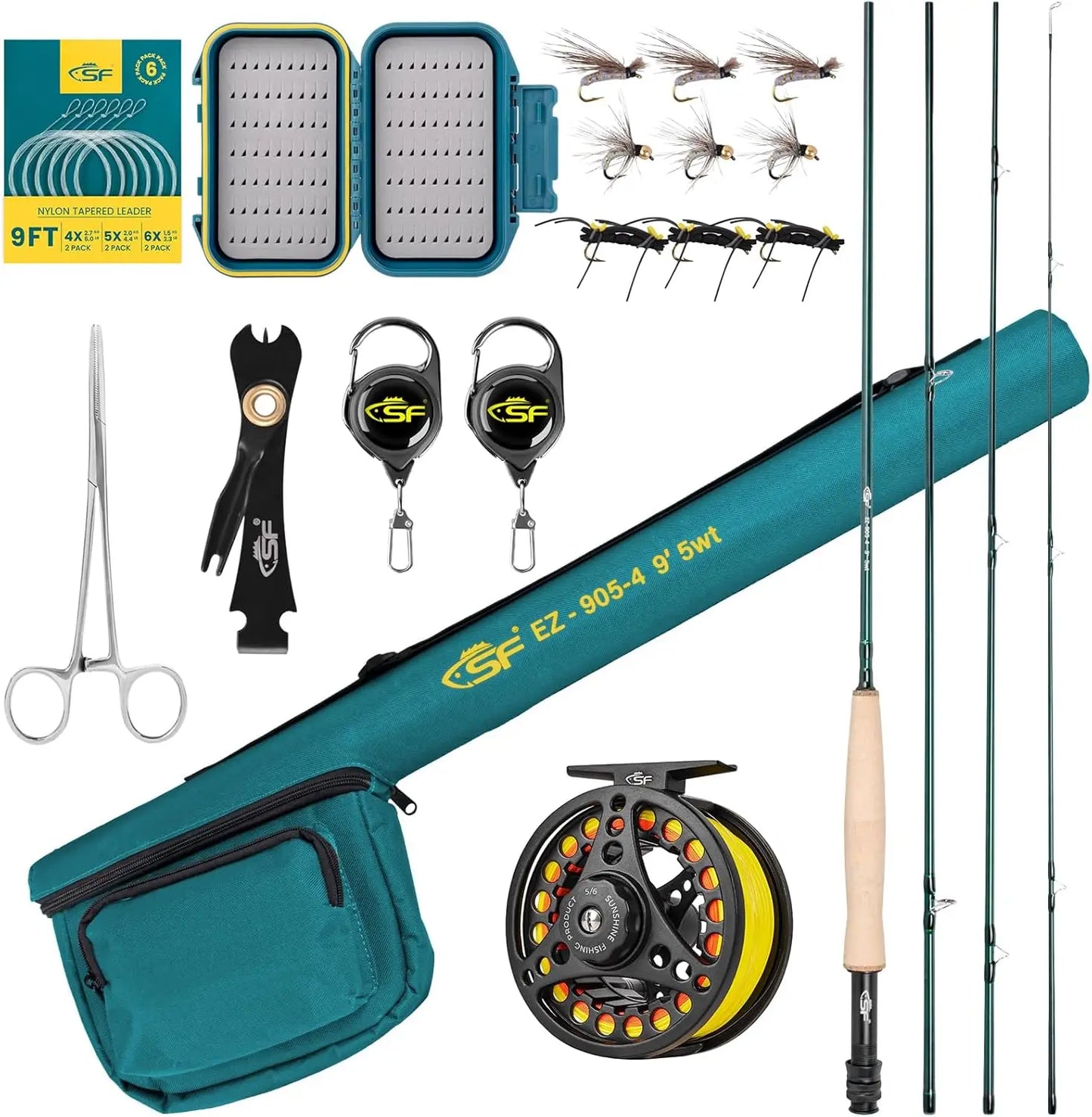 SF Fly Fishing Rod Combo Starter Kit Semi Gloss Green Jade Finish 24T Carbon Fiber Trout Travel Fly Rod with Reel, Case, Box, Flies, Leader, Tools