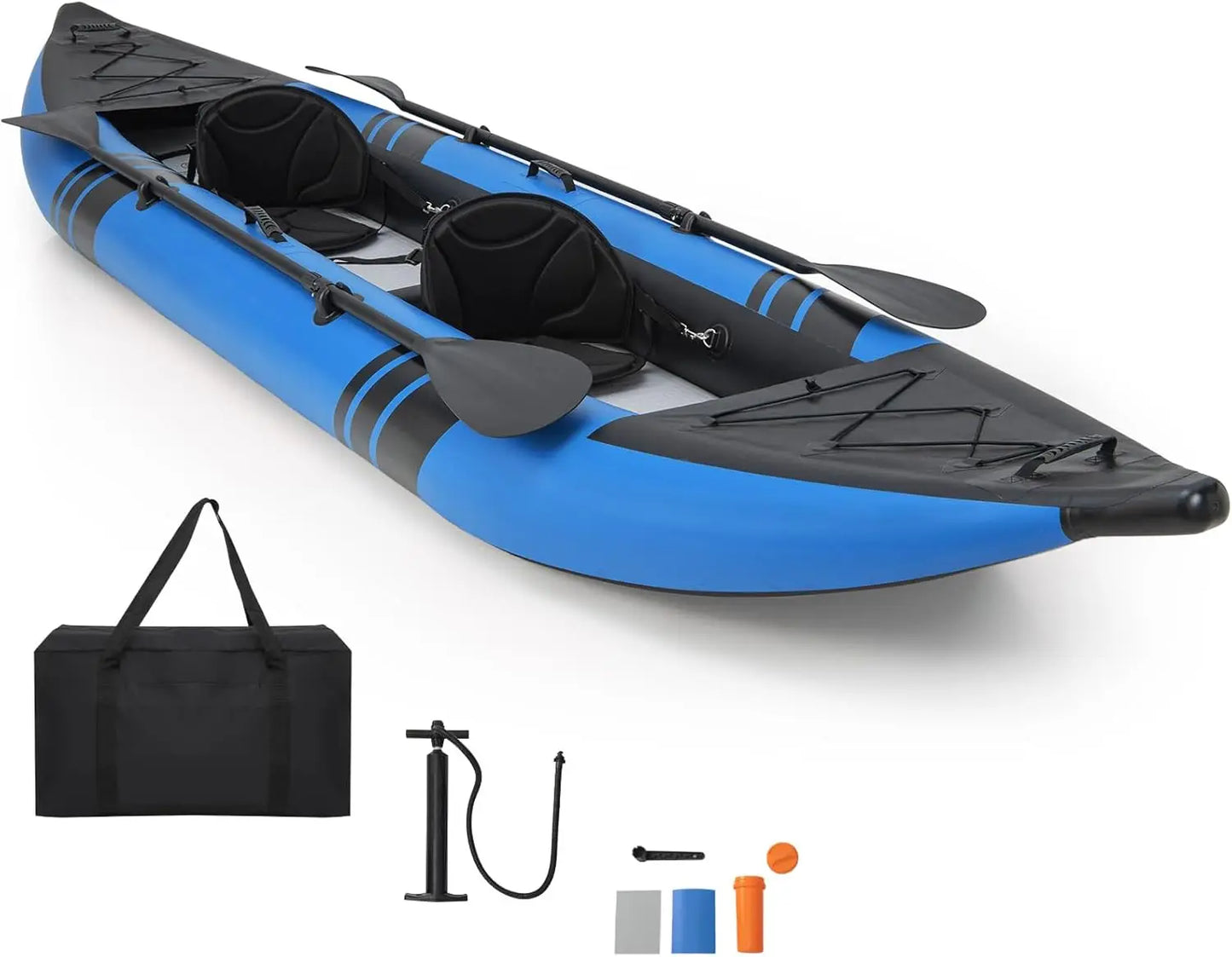 12.5-Foot Inflatable Tandem Kayak for Adults, 507lbs Capacity with 2 Aluminum Paddles, Padded Seats, Footrests, 2 Fins, Hand Pump, Carry Bag & Repair Kit - 2-Person Fishing & Touring Kayak