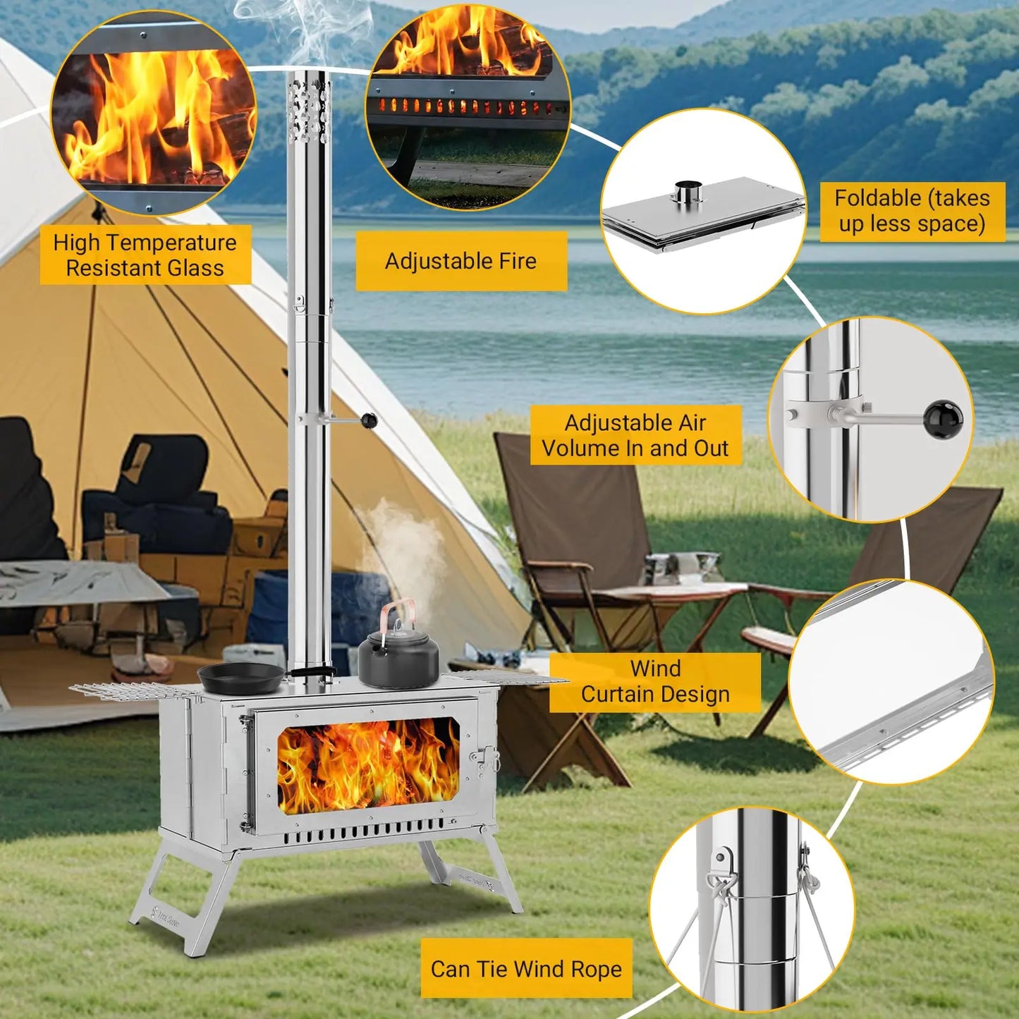 Portable Hot Tent Stove,Wood Burning Stove for Camping, Tent Stove With View Glass, Large Stainless Steel Camping Stove With 5 Chimney Pipes and 3 Shelfs for Outdoor Heating and Cooking