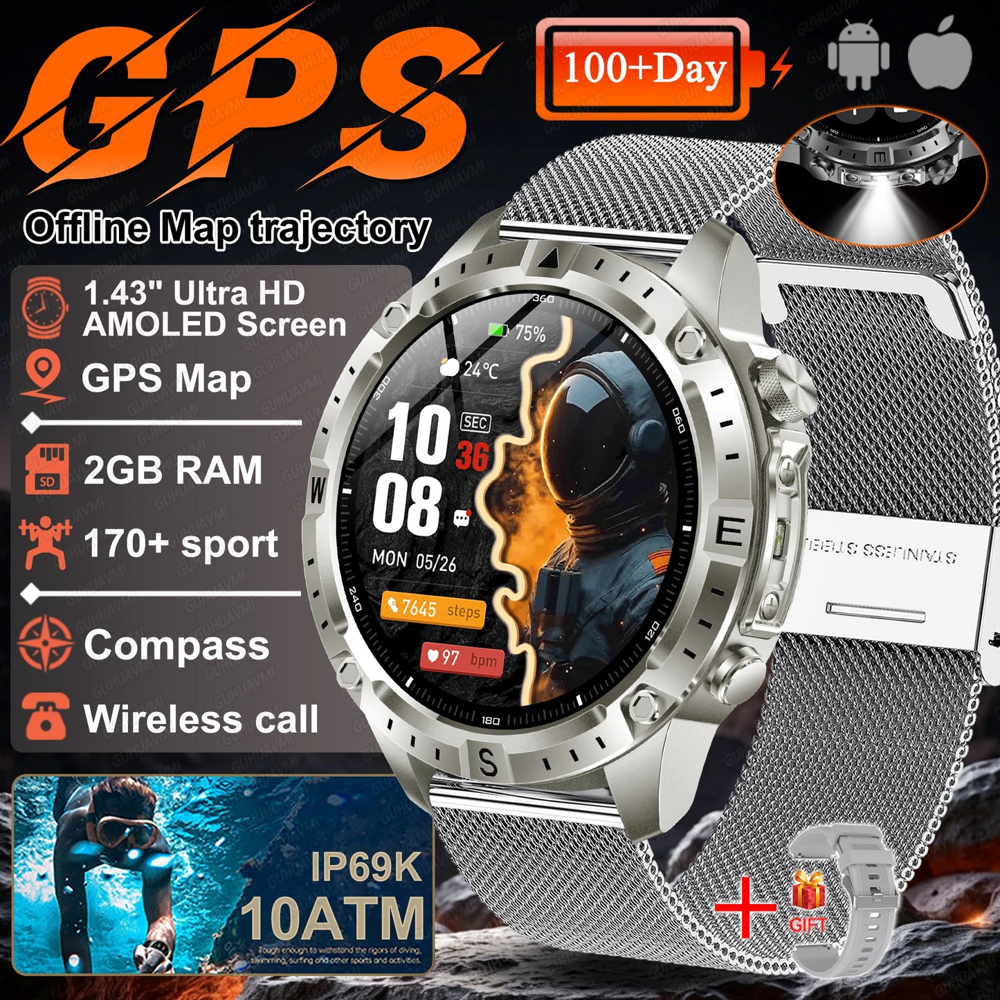 2026 NEW Outdoors Offline Map GPS Smart Watch L1+L2 Dual Band GPS Compass Cycling Run Swim Heart Rate 10ATM Military Smartwatchs