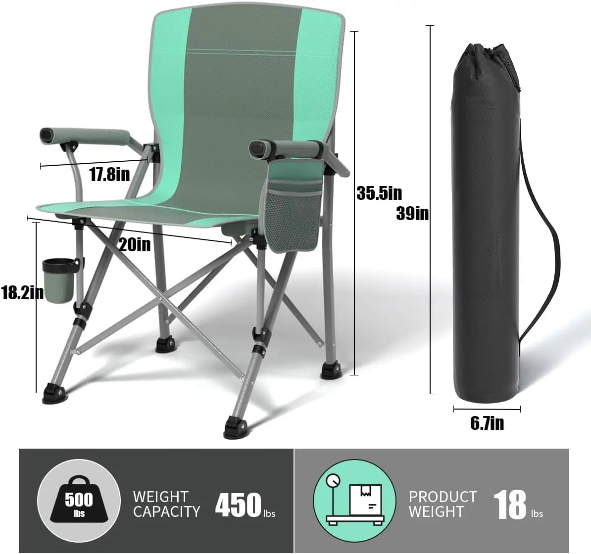 Heavy Duty Oversized Camping Chair for Adults with Side Pockets, Foldable for Outdoor Camping Fishing Beach Hiking