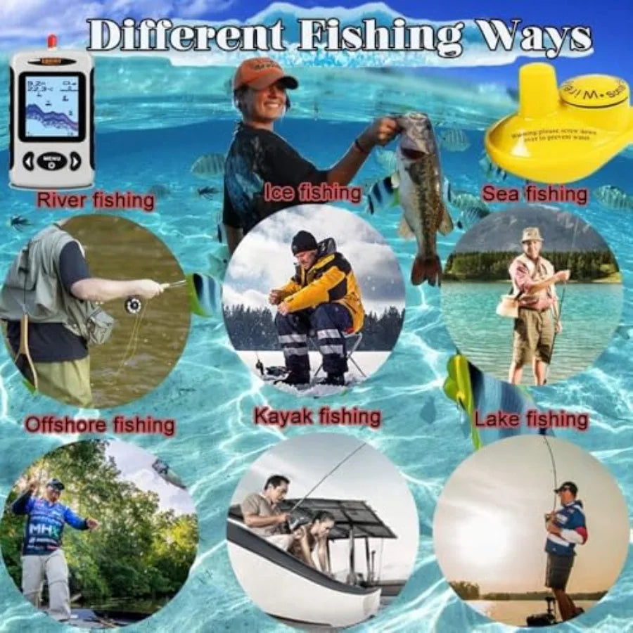 Handheld fish finder for boat and kayak use, ABS plastic body in black, wireless transducer with LCD depth display, portable an